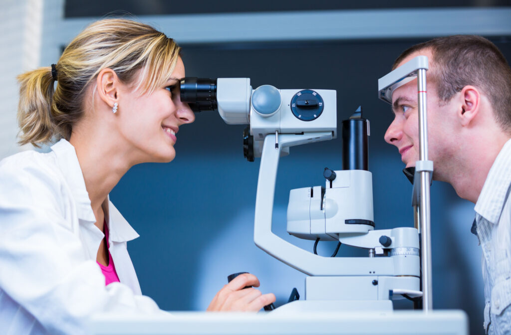 A person having their eyes examined at an eye doctor's office.