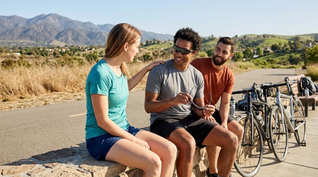 An adult outdoors wearing protective wraparound sports sunglasses while biking.