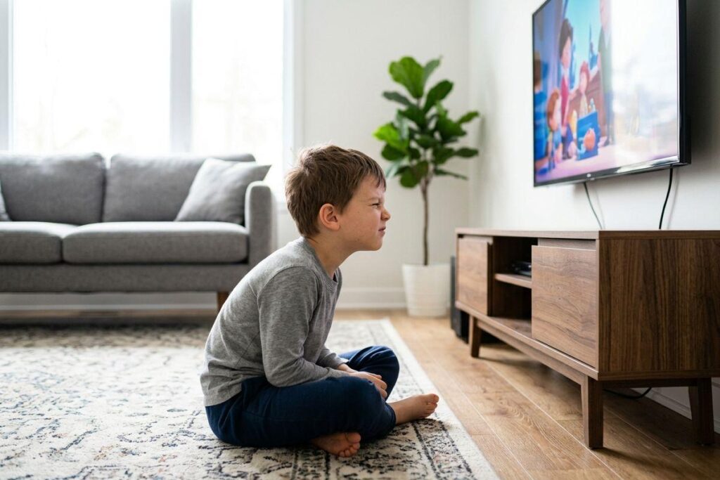 Child sitting close to a TV on a living room floor, squinting at a cartoon on the screen.