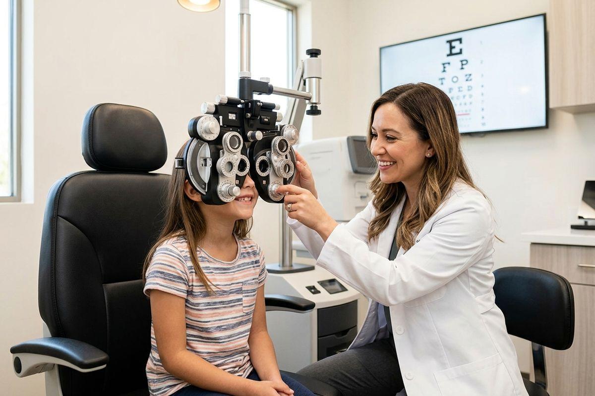 Optometrist smiling while giving a child an eye exam with a phoropter, eye chart on screen behind them.