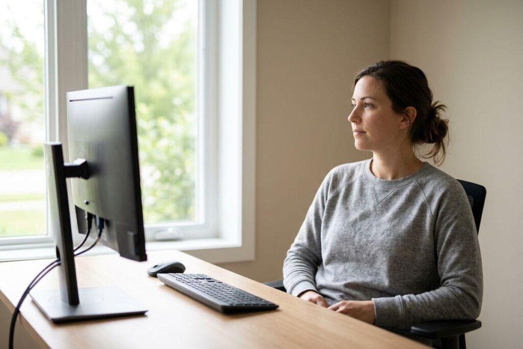 Person in gray sweater sitting at a desk with a monitor and keyboard, looking at the screen by a window.