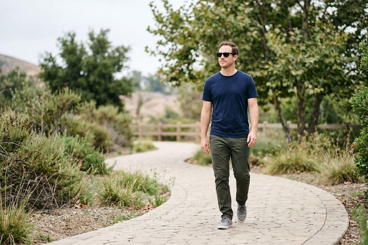 Person in sunglasses, navy shirt and green pants walking along a stone path through greenery.