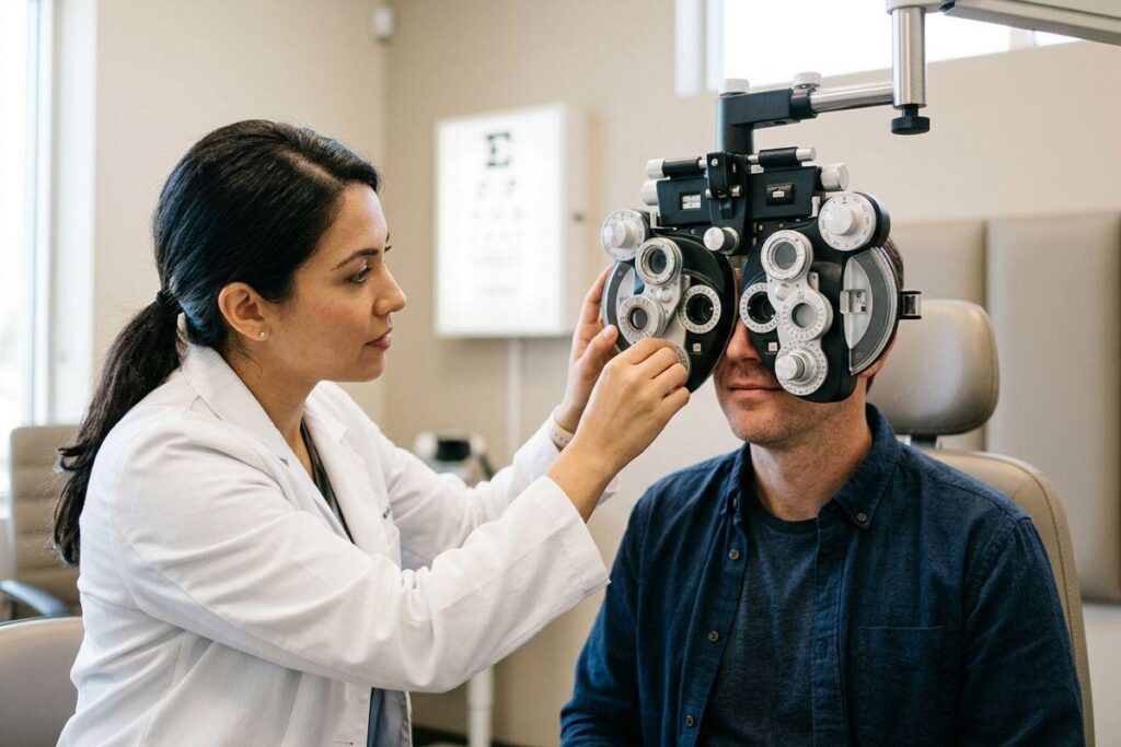 Optometrist adjusts a phoropter as a patient looks through it during an eye exam.