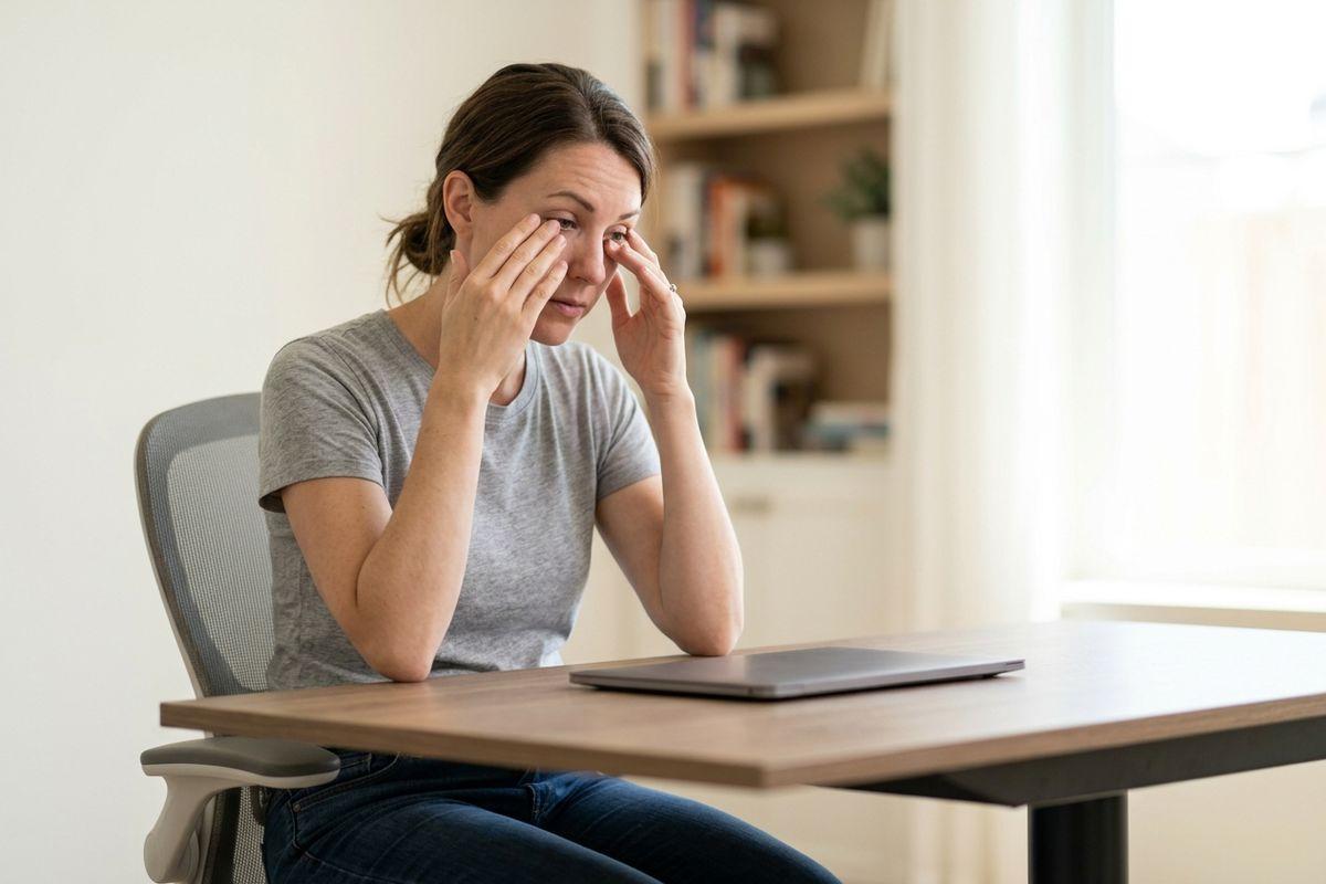 Person rubbing eyes while sitting at a desk with a closed laptop, looking tired.