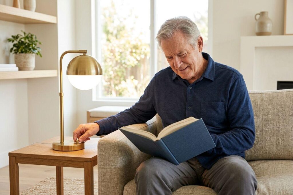 Older adult sitting on a sofa reading a book, reaching to adjust a brass table lamp.