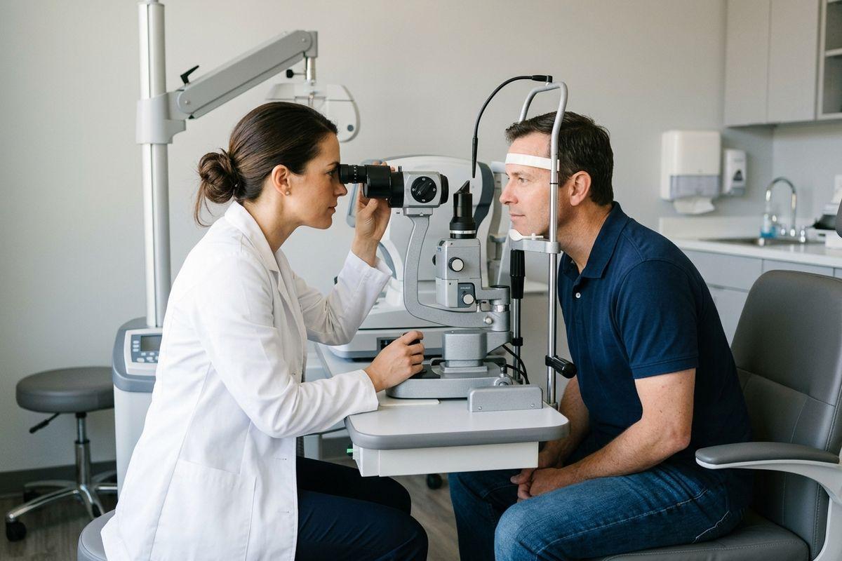 Optometrist examines a patient's eyes using a slit lamp during an eye exam in a clinic.